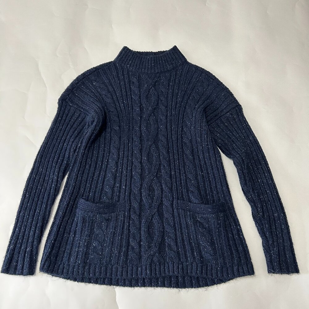Abercrombie & Fitch Cable Knit Sweater Womens L Navy Blue Chunky pockets Preppy